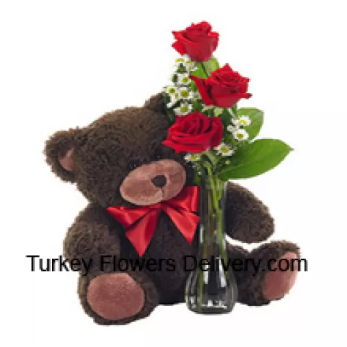 3 rote Rosen mit etwas Farn in einer Glasvase zusammen mit einem niedlichen 14 Zoll großen Teddybär