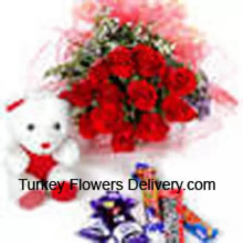 Bunch Of 12 Red Roses With Assorted Chocolate And A Cute Teddy Bear